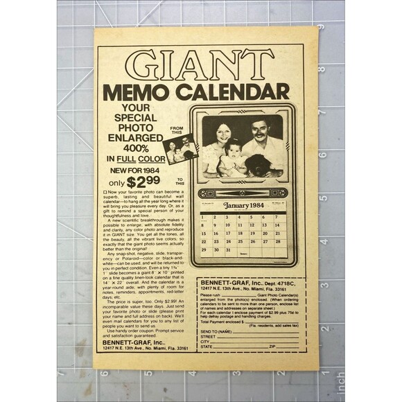 Bennett-Graf Memo Calendar "Your Photo Enlarge 400% in Full Color" Print Ad 1983 - Picture 2 of 3